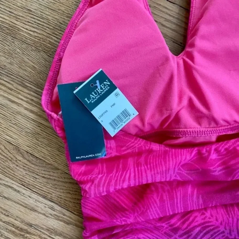 LAUREN Ralph Lauren Ombre Palm-Print High-Neck‎ Tankini Pink Top Size 4